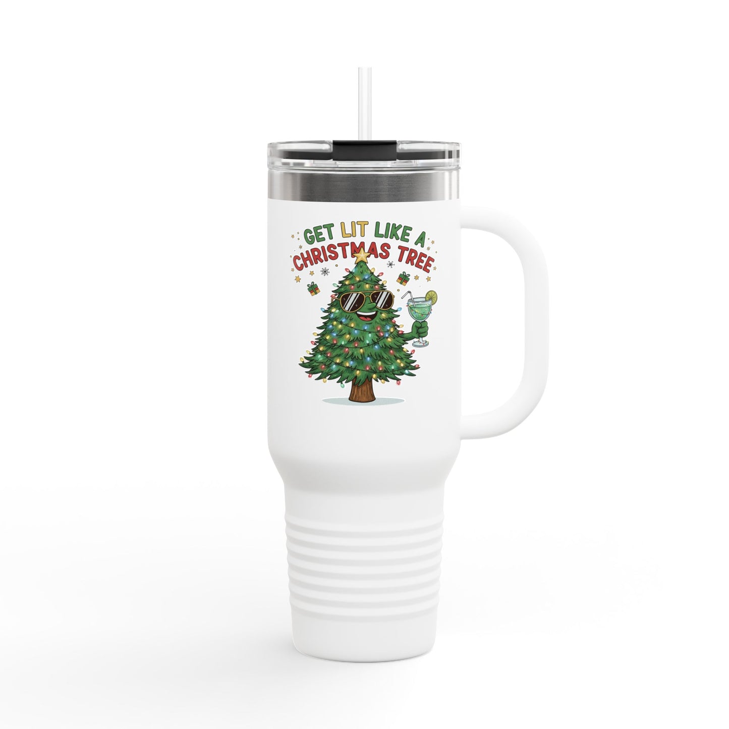 Get Lit Like a Christmas Tree – Funny Holiday Insulated Travel Mug (40oz)